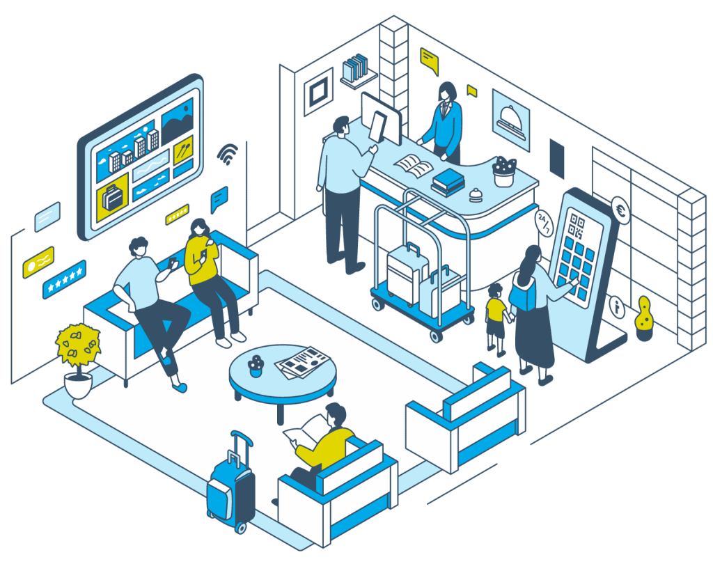 Eine grafische Illustration, die zeigt, wie die Produkte von Gastfreund (Digitale Gästemappe, Infokanal, Hotelzeitung, Touchscreen-Kiosk) in einem Hotel genutzt werden. Ein Mitarbeiter des Hotels spricht mit einem Gast.