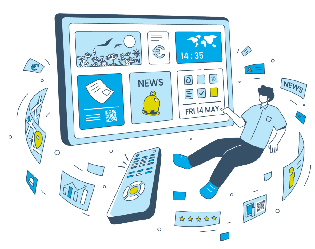 Eine grafische Illustration, die den Infokanal als Hotel-TV von Gastfreund zeigt