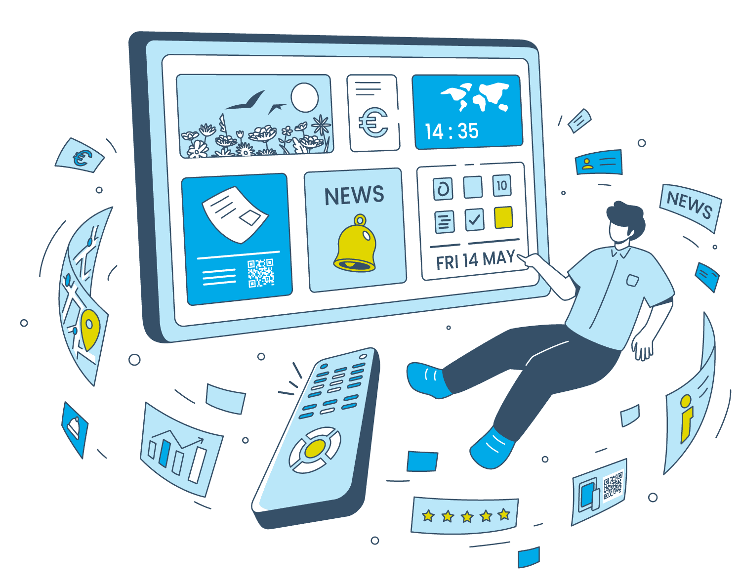 Eine grafische Illustration, die den Infokanal als Hotel-TV von Gastfreund zeigt