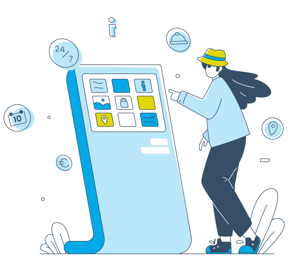 Eine grafische Illustration zeigt einen Gast, der das Touchscreen-Kiosk von Gastfreund als digitale Infopint nutzt