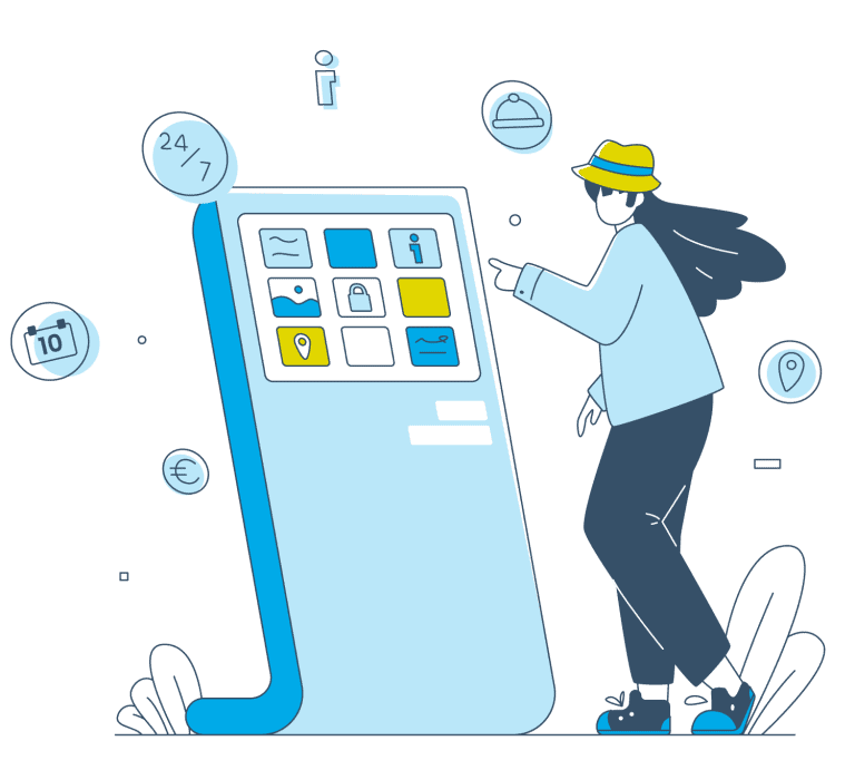 Eine grafische Illustration zeigt einen Gast, der das Touchscreen-Kiosk von Gastfreund als digitale Infopint nutzt