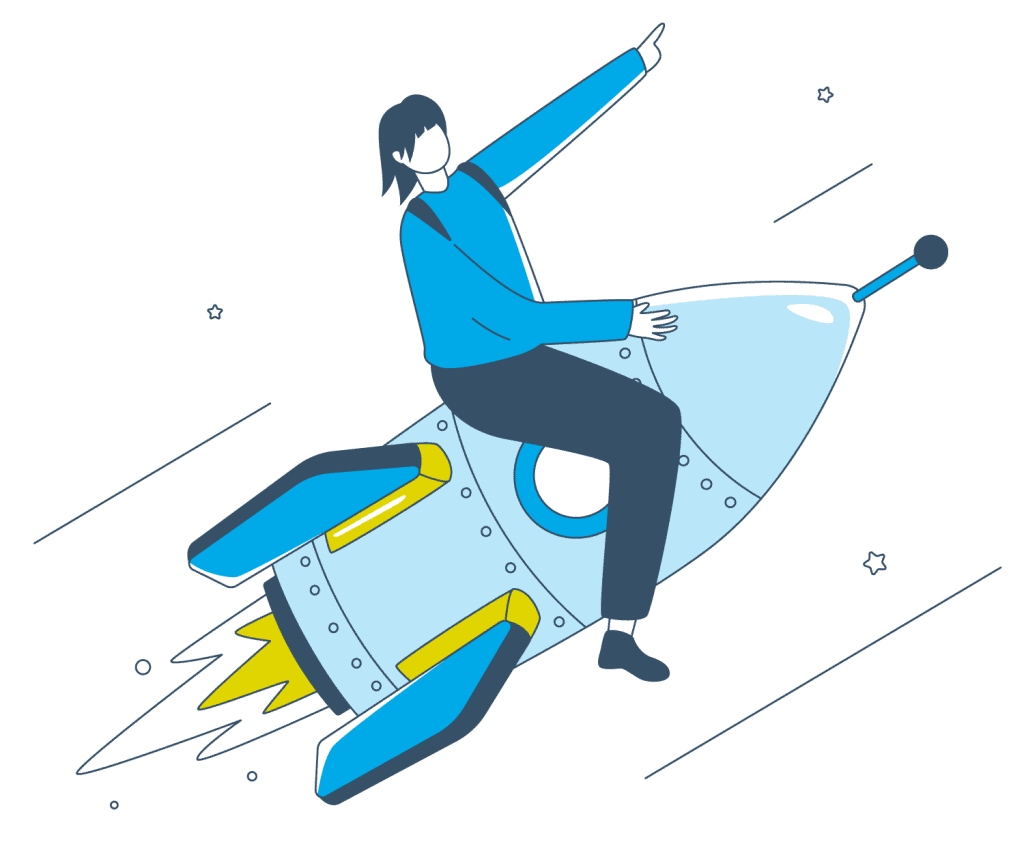 Eine grafische Illustration zeigt eine Person, welche auf einer Rakete sitzt