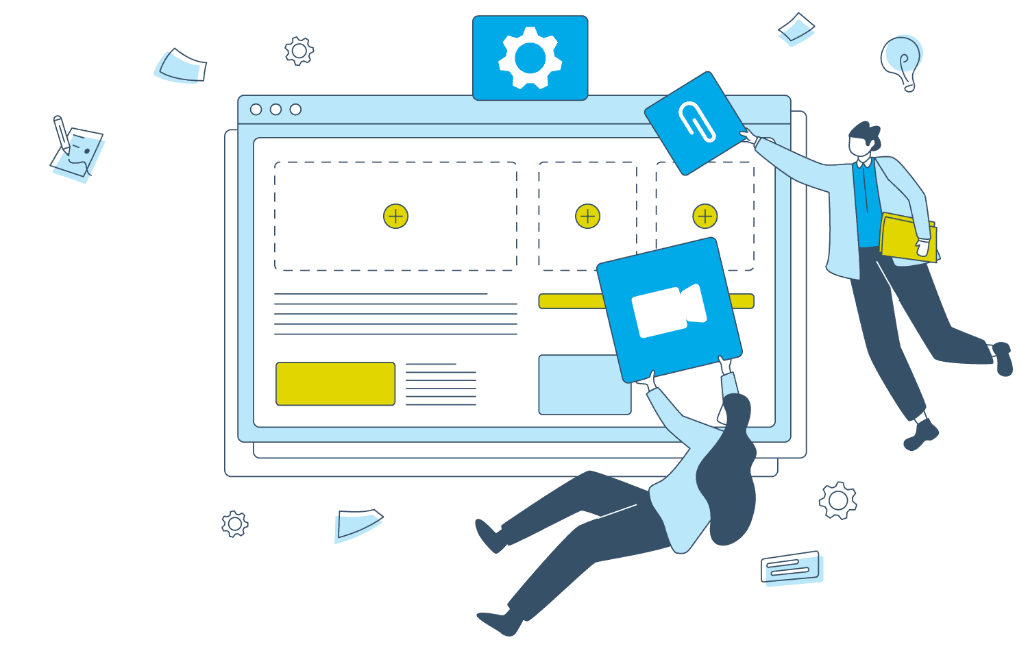 Eine grafische Illustration zeigt Mitarbeiter von Gastfreund, die das Setup des Produktes übernehmen