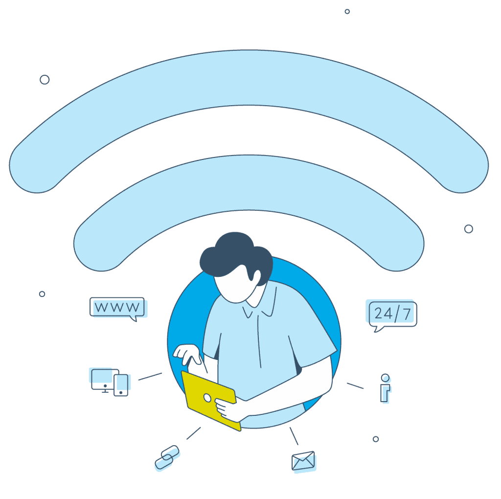 Eine grafische Illustration, die die WLAN-Willkommensseite von Gastfreund zeigt