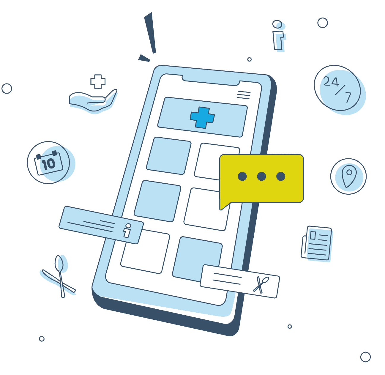 Eine grafische Illustration, die die Klinik-App von Gastfreund zeigt