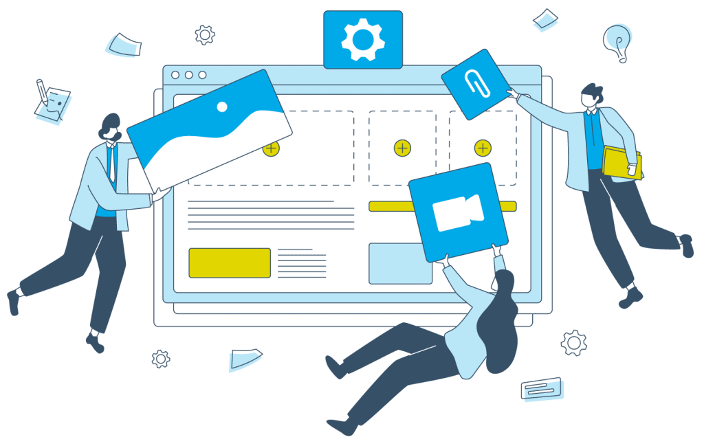 Eine grafische Illustration zeigt Mitarbeiter von Gastfreund, die das Setup des Produktes übernehmen