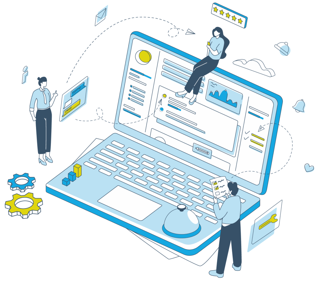 Illustration die einen Gast und Hotelmitarbeitende zeigt, die über das Hotelboard kommunizieren und arbeiten